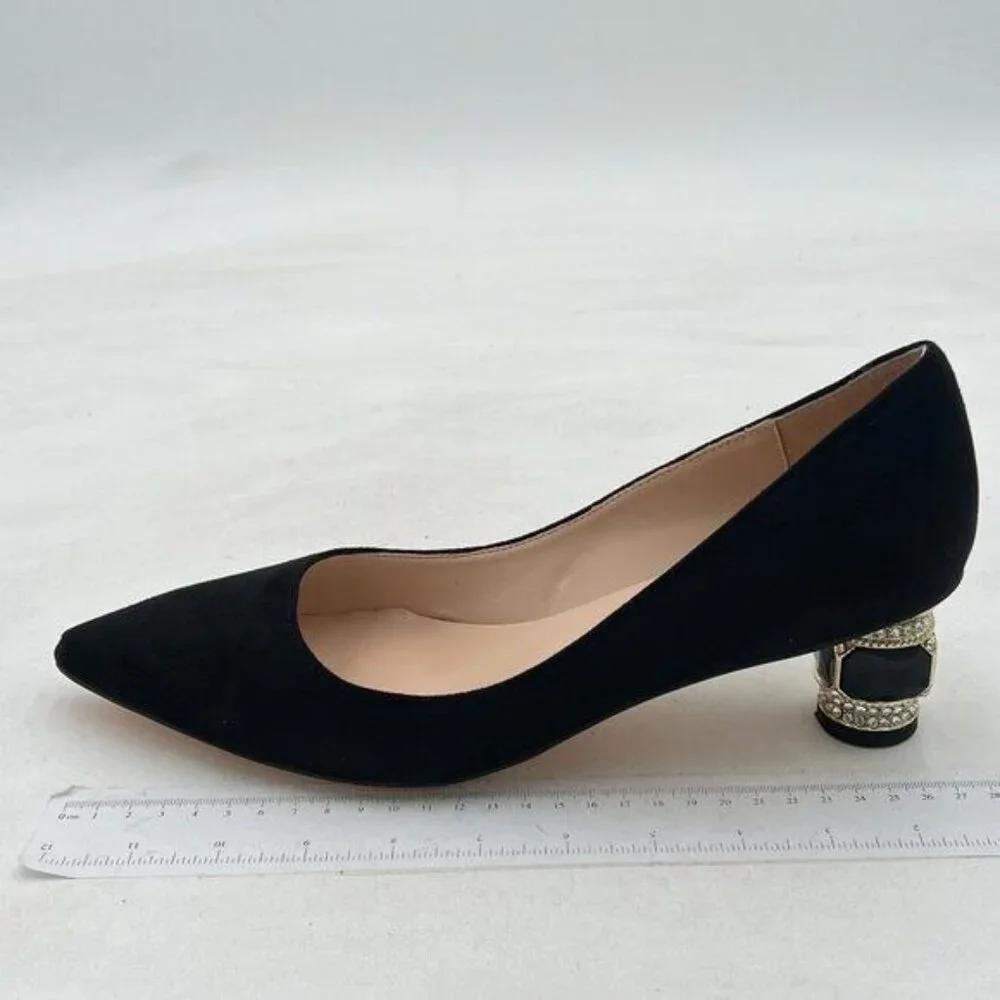 FSJ Black Suede Crystal Pumps Slip on Wedding Shoes